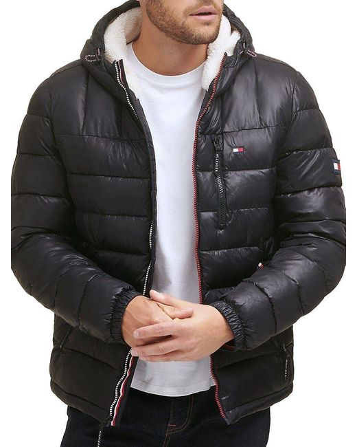 Tommy hilfiger faux shearling hood quilted puffer jacket Clearance