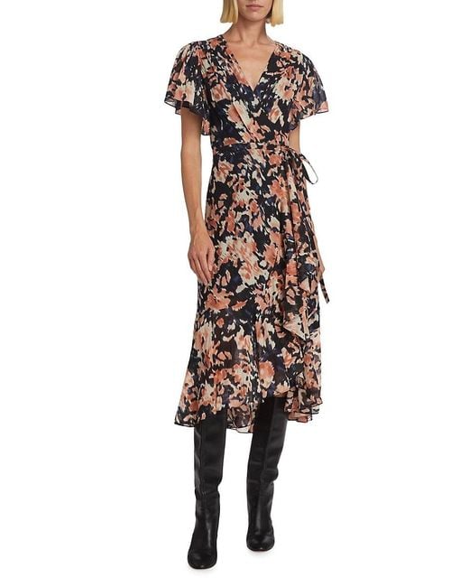 Tanya Taylor Natural Brianna Floral Wrap Silk Blend Midi Dress