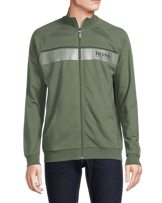 BOSS by HUGO BOSS Cotton Standcollar Zipup Logo Jacket in Light Green
