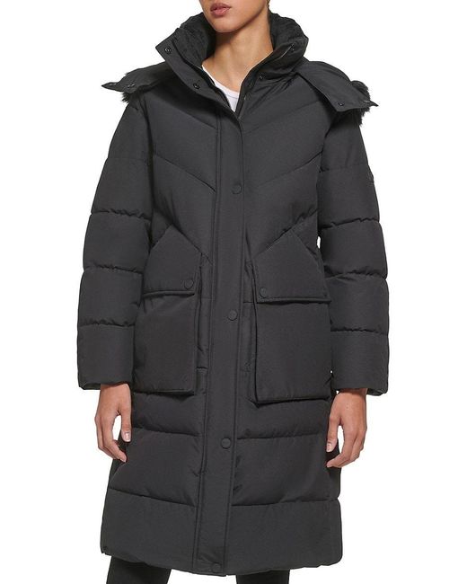 DKNY Faux Fur Trim Long Puffer Coat in Black | Lyst