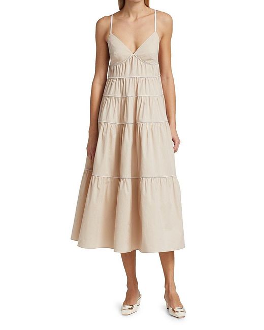 STAUD Cotton Cleo Colorblock Tiered Midi Dress in White | Lyst Canada