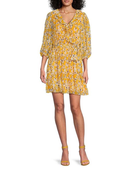 Karl Lagerfeld Yellow Floral Crinkle Chiffon Minidress
