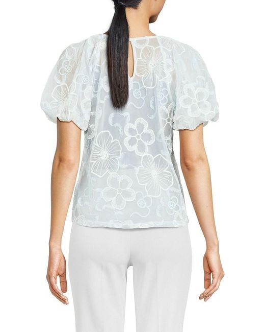 Laundry by Shelli Segal Black Embroidered Mesh Puff-Sleeve Top