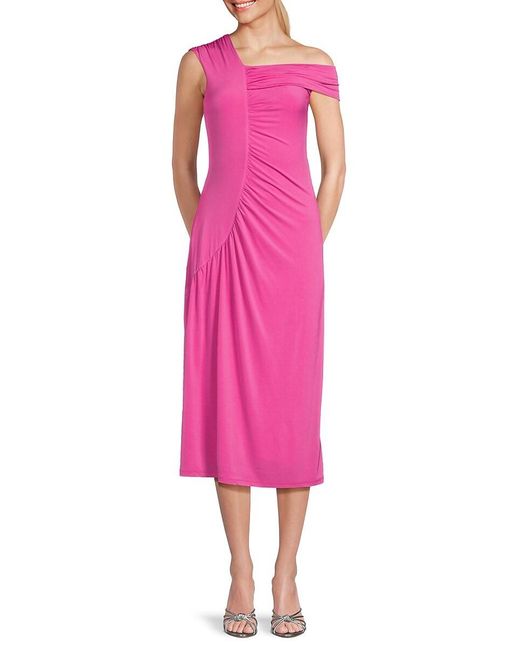 Adrienne Landau Pink Asymmetric Ruched Midi Dress
