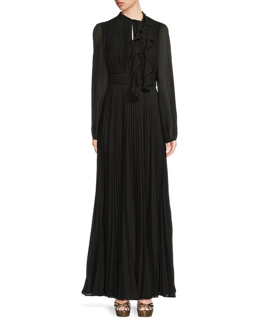 Mikael Aghal Black Ruffled Pleated Chiffon Gown
