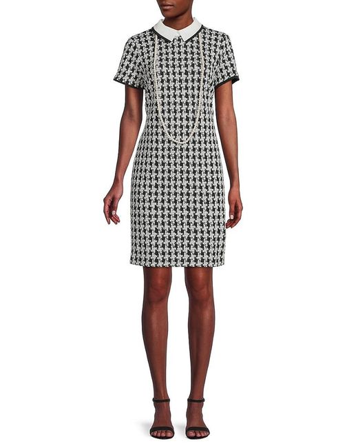 Karl Lagerfeld White Houndstooth Knit Faux Pearl Sheath Dress