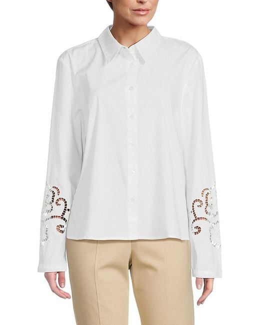 Saks Fifth Avenue White Ladder Lace Button Down Shirt