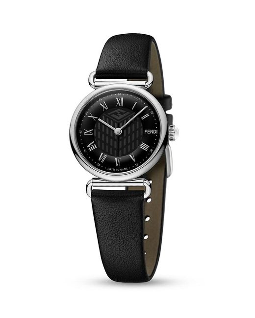 Fendi Black Leather Strap Roman Numeral Stainless Watch
