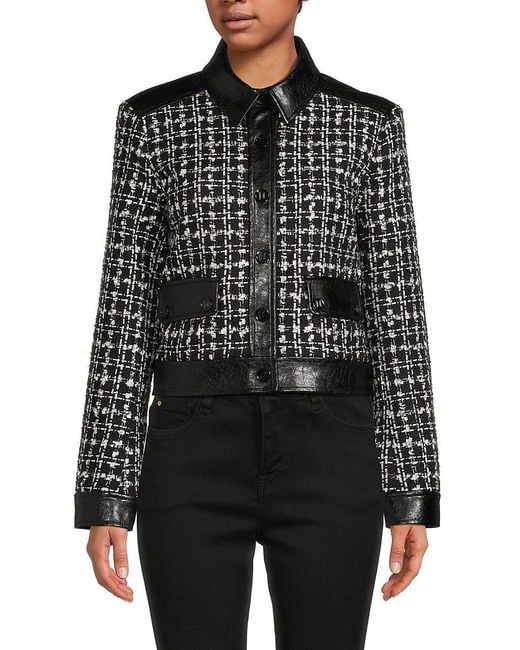Karl Lagerfeld Faux Leather & Tweed Crop Jacket in Black Lyst