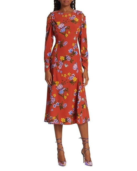 Tahari Red Holland Silk Blend Floral Midi Dress