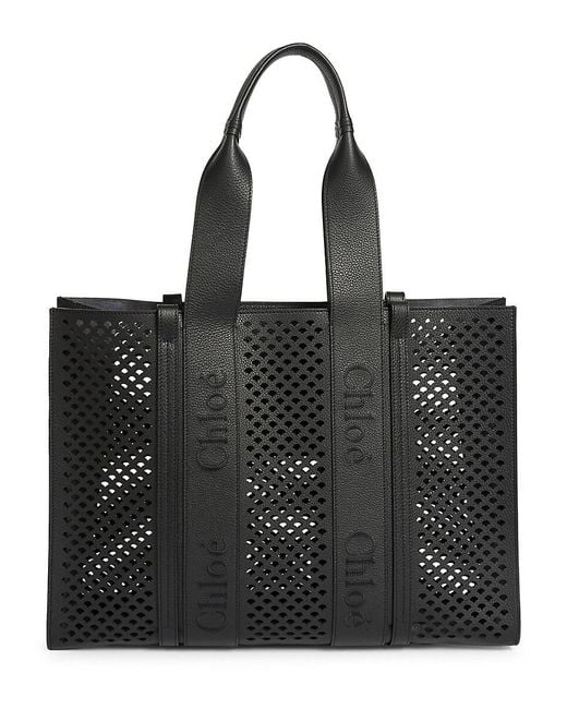 Chloé Black Large Woody Scalloped Leather Tote Bag