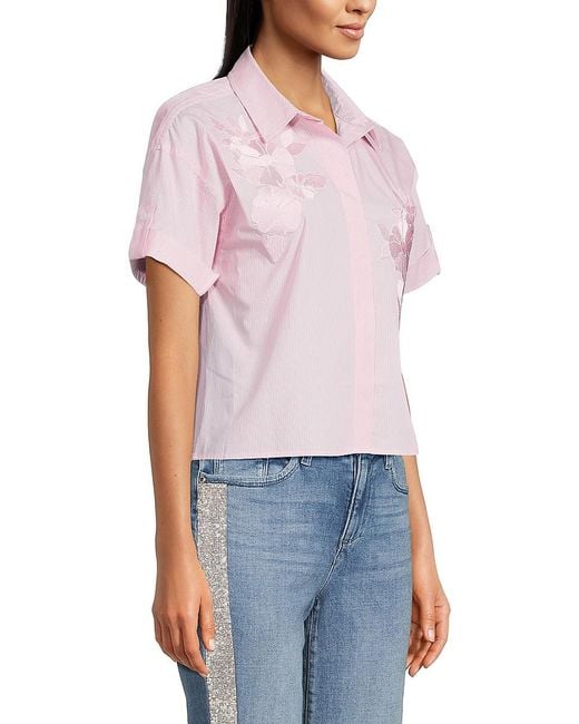 Karl Lagerfeld Blue Striped Floral Embroidered Cotton Shirt