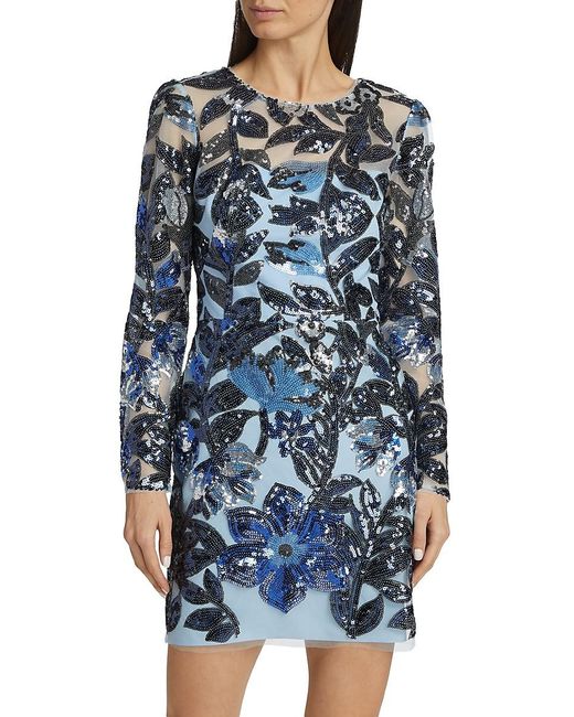 Marchesa Blue Floral Sequin Long-Sleeve Minidress