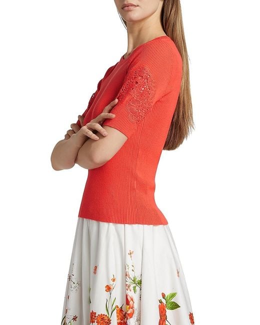 Tahari Red The Magnolia Lace-Trimmed Sweater