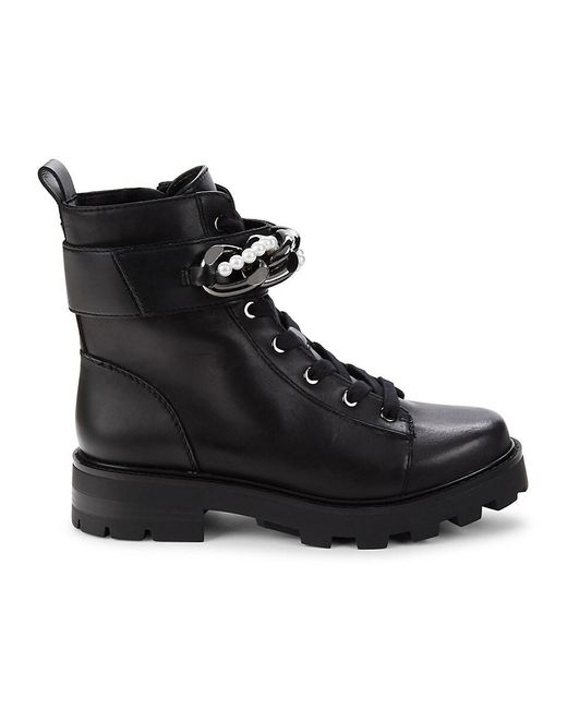 Karl Lagerfeld Black Maxi Faux Pearl Chain Leather Ankle Boots