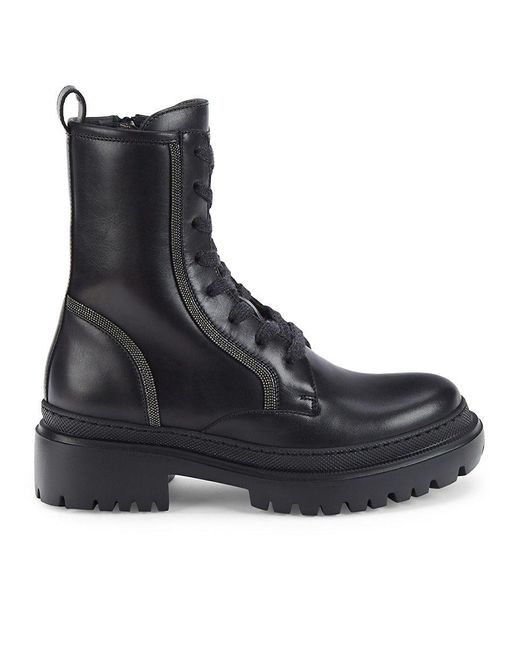 Brunello Cucinelli Black Leather Combat Boots