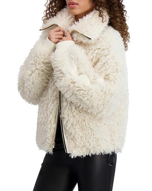 Karl Lagerfeld Natural Oversized Faux Shearling Jacket With Faux Leather Trim