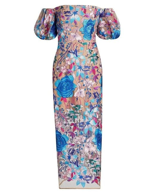 MILLY Blue Nira Floral Embroidered Off-The-Shoulder Midi-Dress