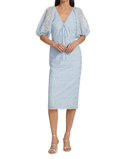ML Monique Lhuillier Blue Puff-sleeve Midi Dress