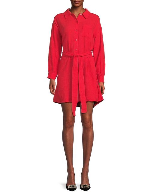 Saks Fifth Avenue Red Gauze Belted Mini Shirtdress