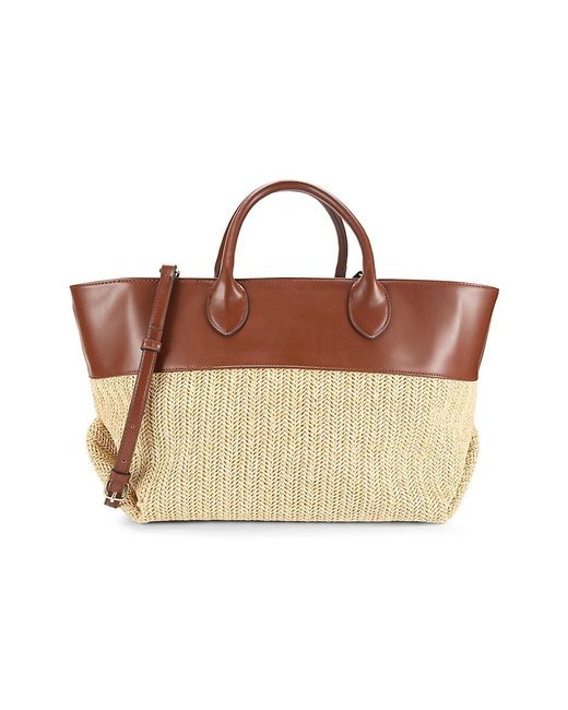 Collection 18 Brown East West Straw Texture Colorblock Tote