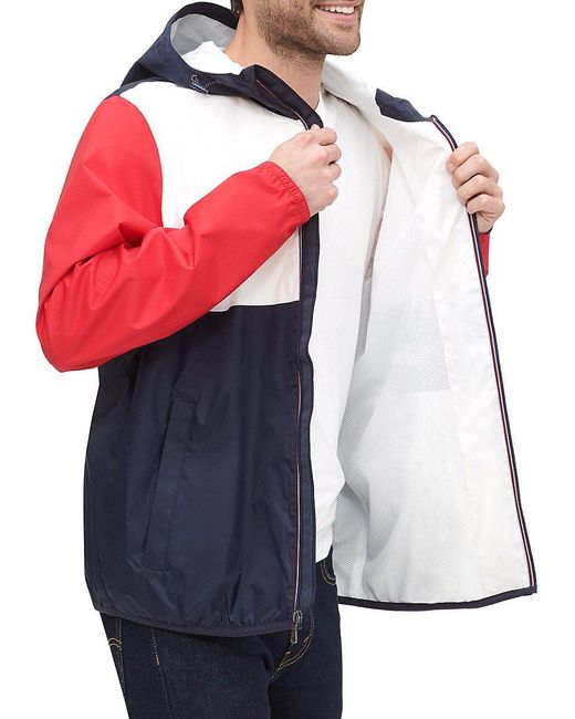 Tommy Hilfiger Colorblock Hooded Rain Jacket in Blue for Men | Lyst