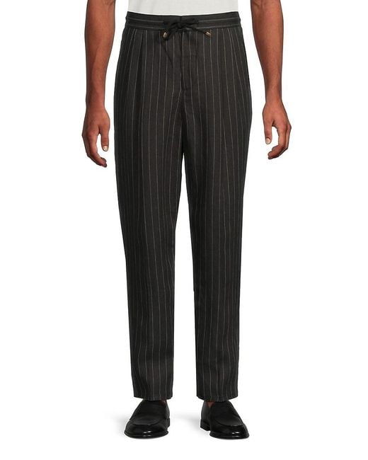 Brunello Cucinelli Striped Linen Drawstring Pants in Black