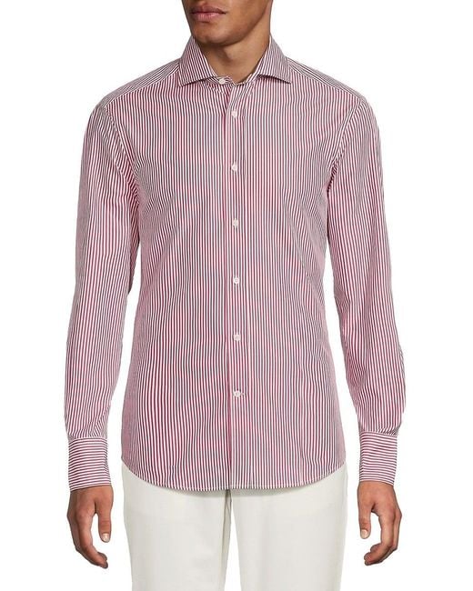 Brunello Cucinelli Purple Striped Cotton Button-Front Shirt for men