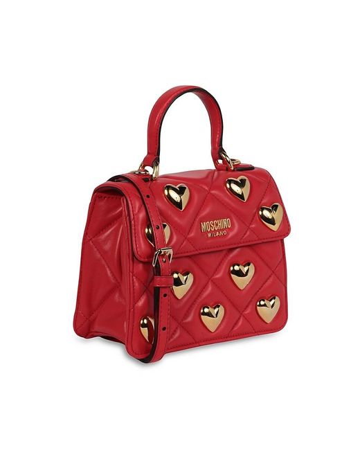 Moschino Red Heart Studs Leather Shoulder Bag