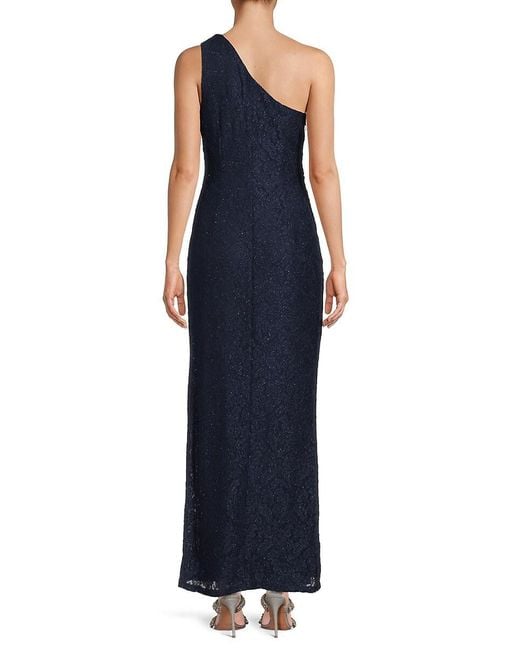 Marina Blue Metallic Ruched One Shoulder Gown