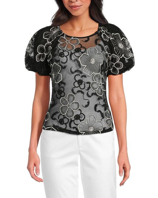 Laundry by Shelli Segal Black Embroidered Mesh Puff-Sleeve Top