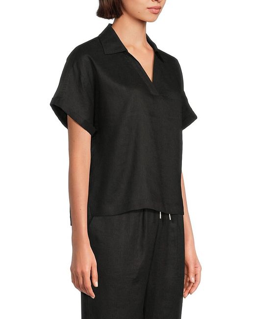 Saks Fifth Avenue Black 100% Linen Relaxed Fit Boxy Top