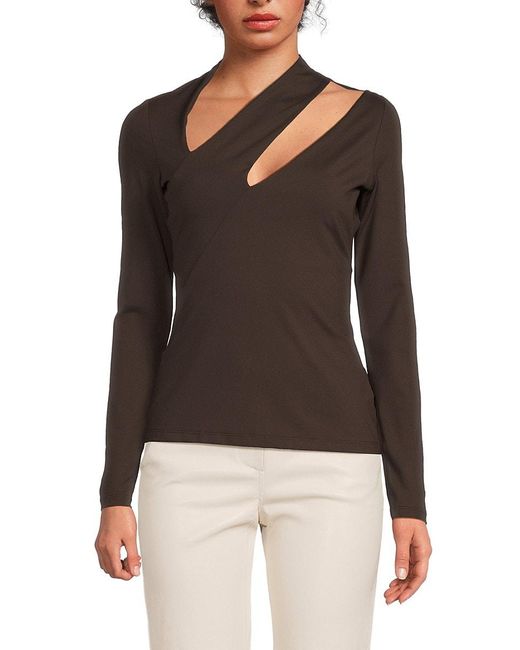 Susana Monaco Black Diagonal Cut-Out Long Sleeve Top