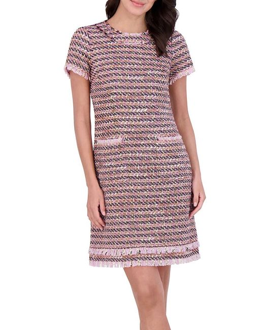 Eliza J Red Bouclé Shift Dress With Fringe Detail