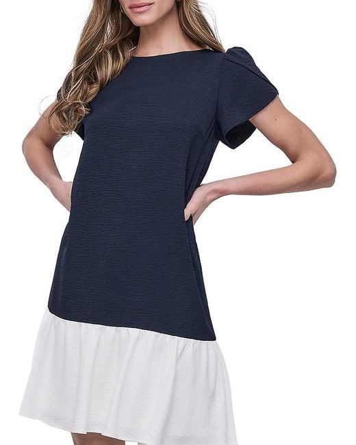 DKNY Blue Short-Sleeve Flutter-Hem Trapeze Dress