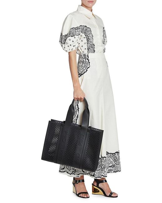 Chloé Black Large Woody Scalloped Leather Tote Bag