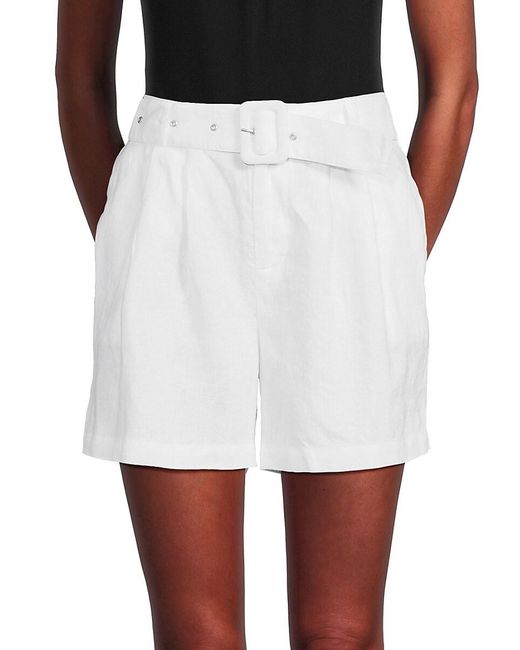 Saks Fifth Avenue White High Rise 100% Linen Belted Shorts
