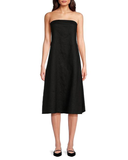 Saks Fifth Avenue Black Bandeau Neck 100% Linen Knee Length Dress