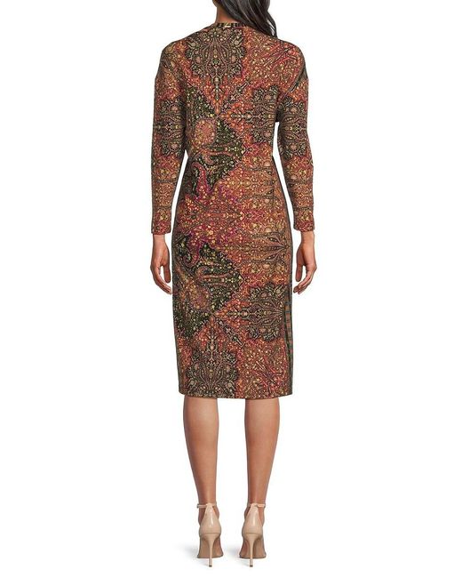 Etro Brown Print Drop Shoulder Wool Blend Midi Dress