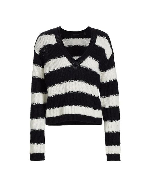ATM Black Wool Blend Stripe V-neck Sweater