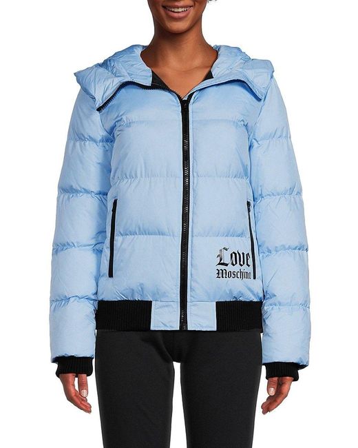 Love Moschino Logo Hooded Puffer Jacket in Blue Lyst