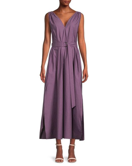 Brunello Cucinelli Purple V Neck Belted Midi Dress