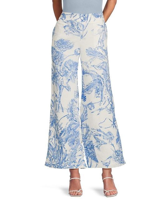 Tahari Blue Floral Linen-Blend Wide-Leg Pants