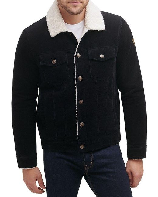 Guess Cotton Sherpa Collar Cord Trucker Jacket in Black for Men | Lyst