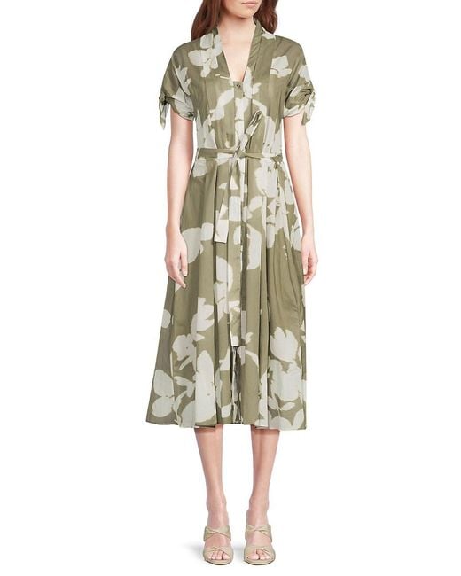 DKNY Green Floral Cotton Belted Shirtdress