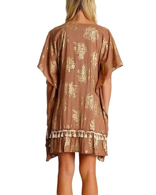 La Moda Clothing Brown Foil-Print Tassel-Tie Cover-Up Minidress