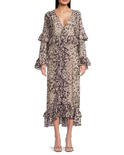 Walter Baker Natural Leopard Ruffle Midi-dress