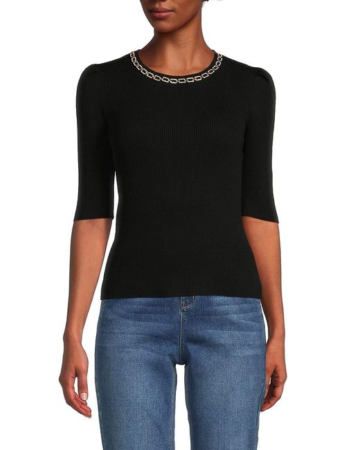 Nanette Lepore Black Chain Ribbed Sweater