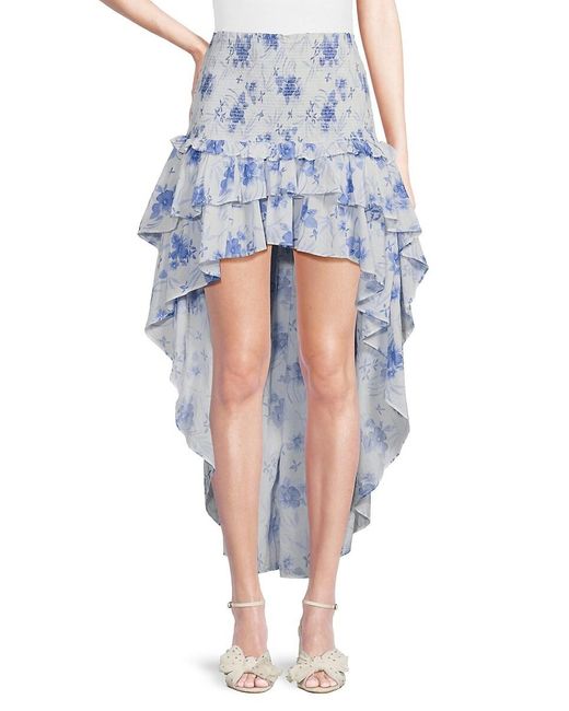LoveShackFancy Blue Palani Floral Asymmetric Maxi Skirt