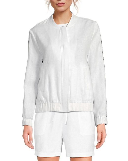 Saks Fifth Avenue White 100% Linen Sequin Stripe Bomber Jacket